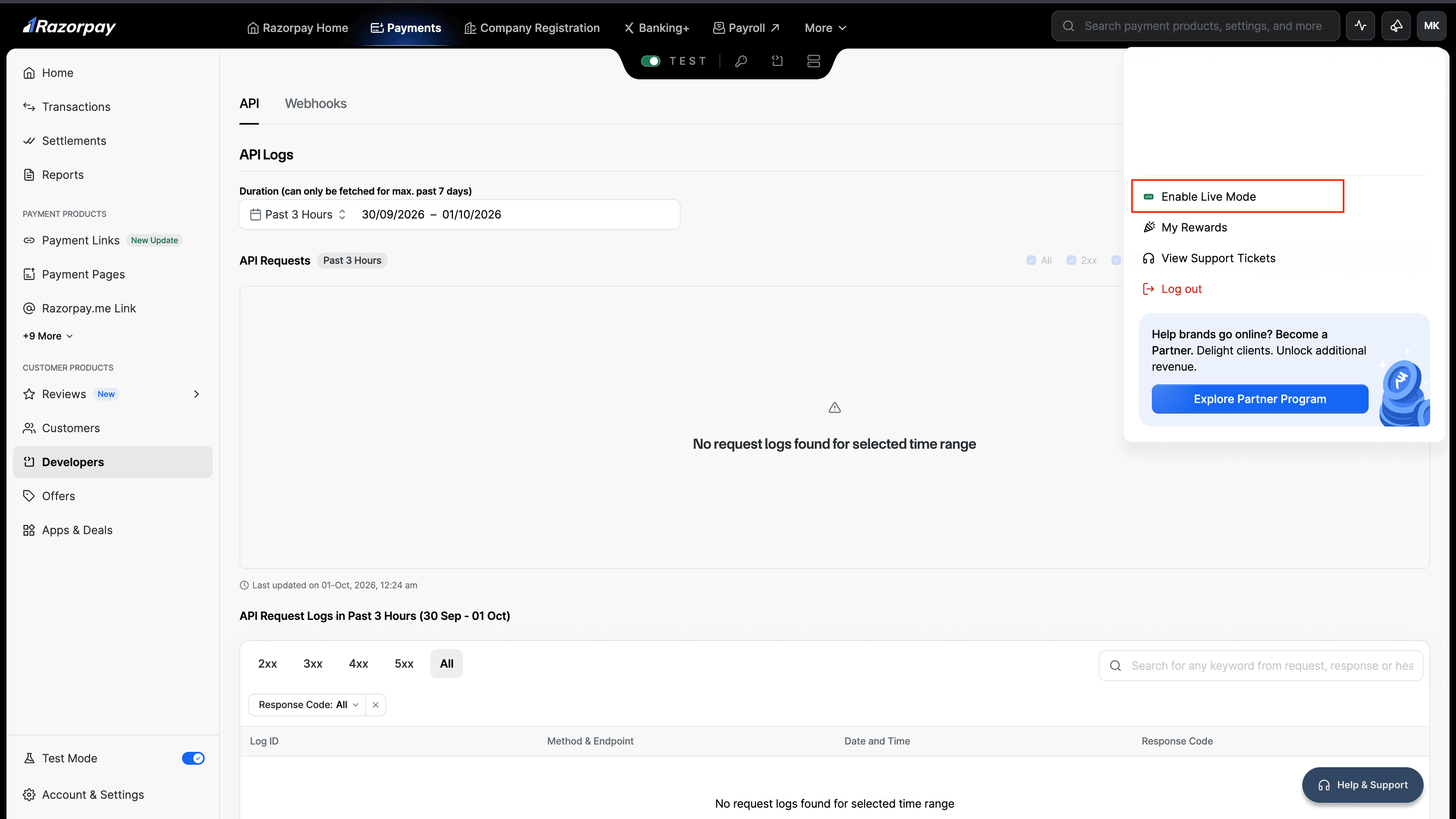 Razorpay Dashboard with the Test toggle at the top centre and Enable Live Mode in the profile menu