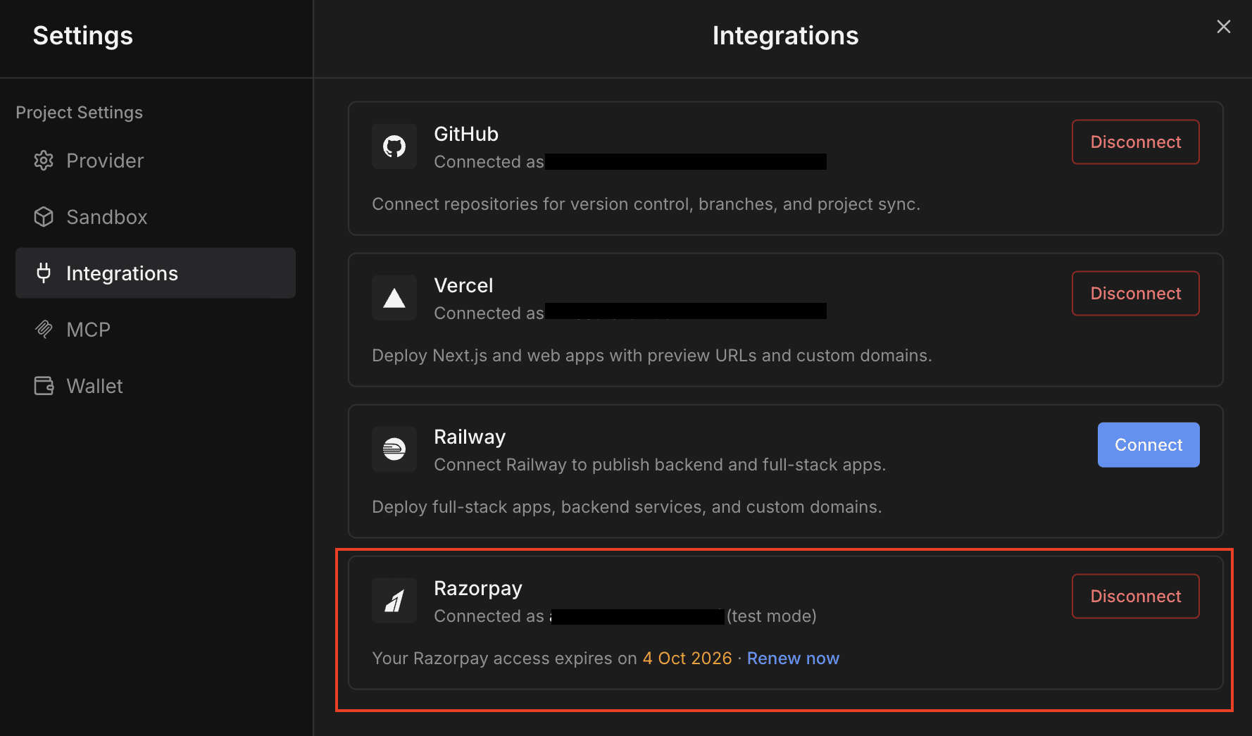 Settings → Integrations showing Razorpay's expiry date and the Renew now link