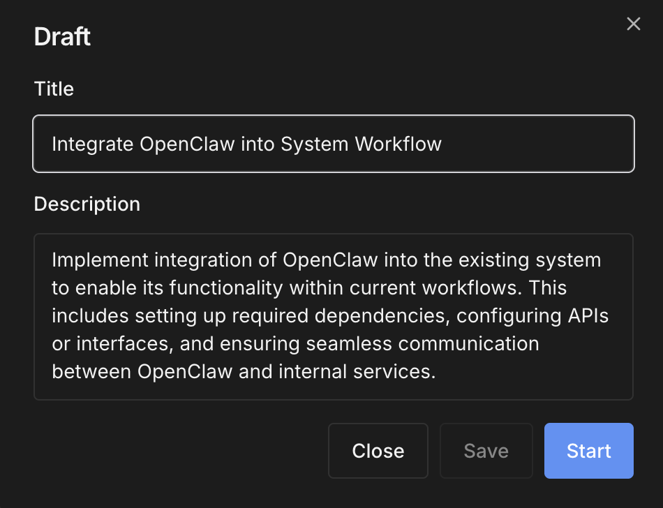 Draft dialog with title and description fields
