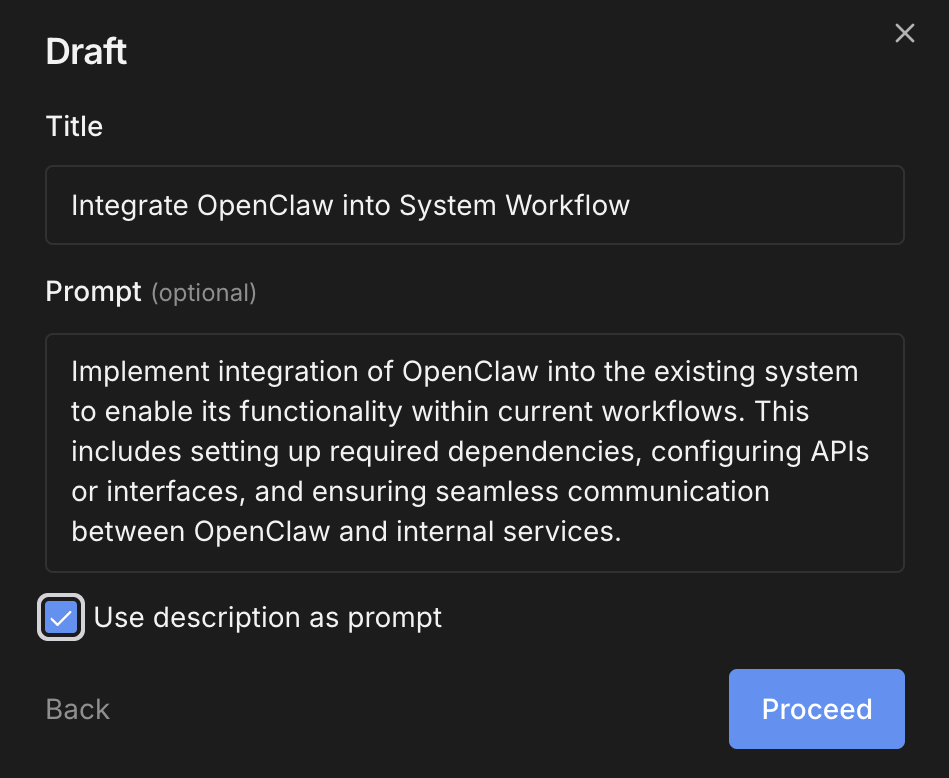 Draft step two with prompt confirmation and proceed button