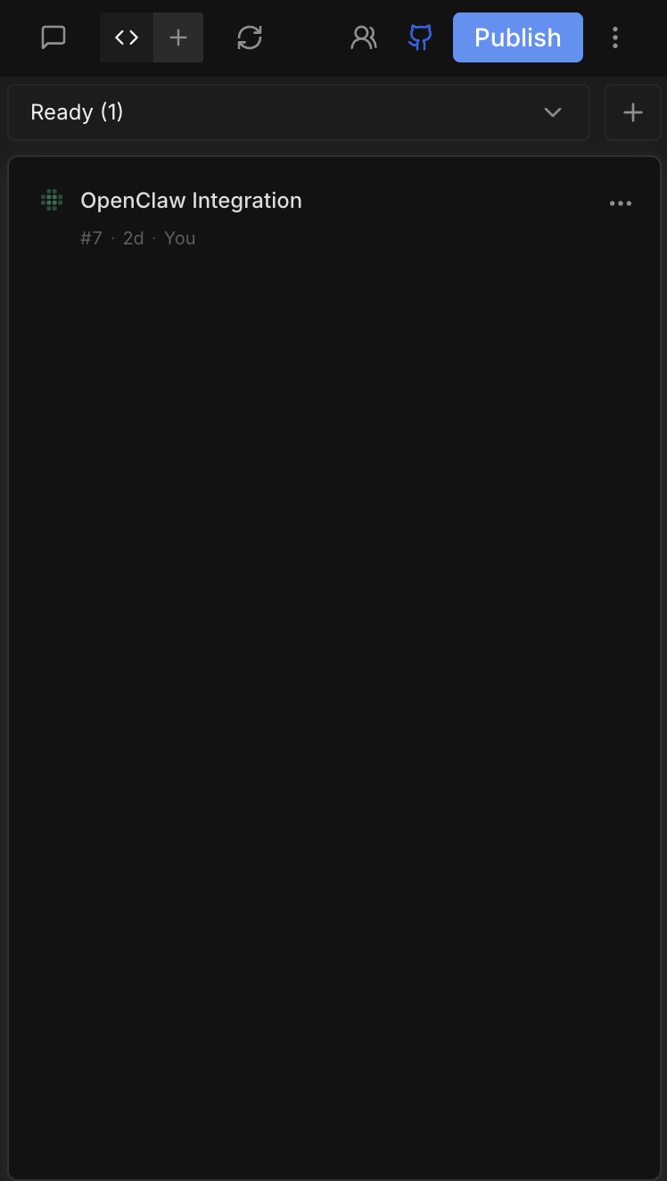 Kanban board on mobile showing single-panel view with state dropdown and + button